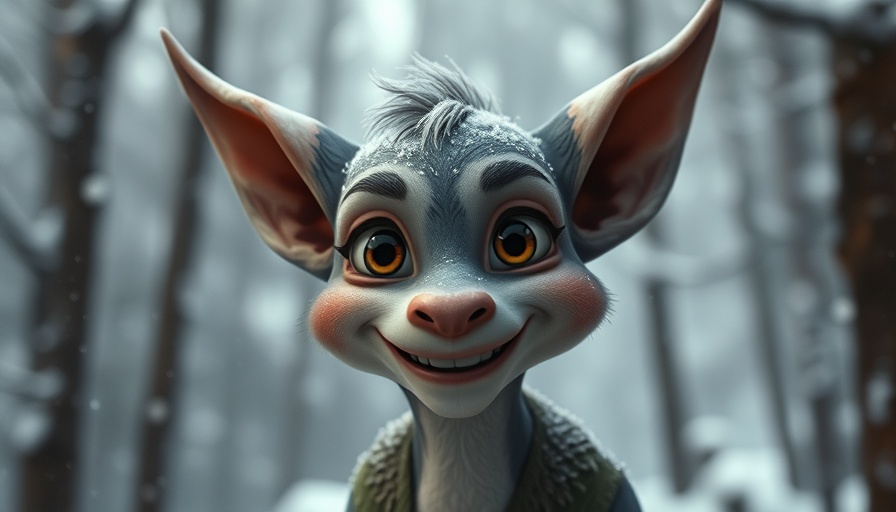 Fantasy creature smiling in snowy forest scene