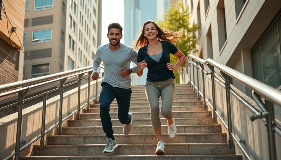 Athletic couple running stairs outdoors, Walking Tricks to Make 10,000 Steps Easy.
