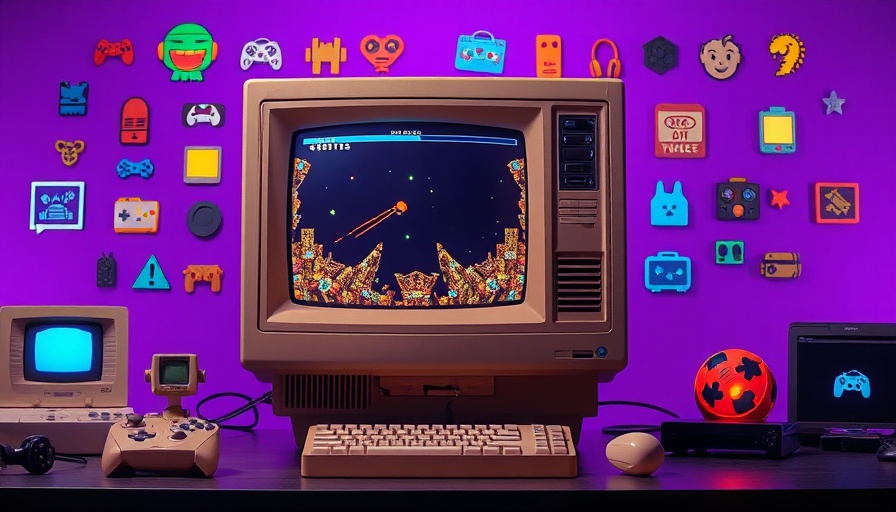 Classic PC game on CRT monitor with pixel art symbols and purple backdrop.