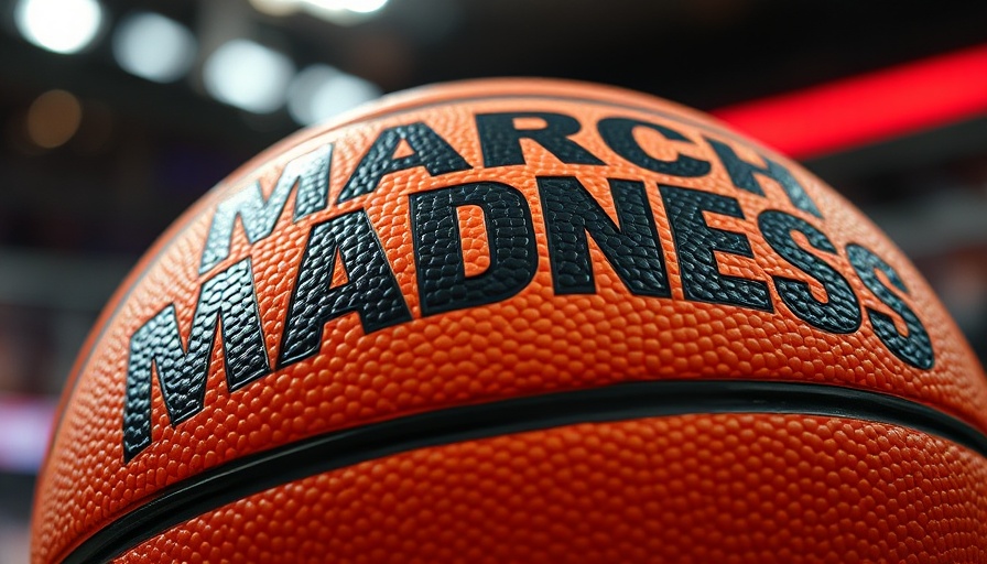 Close-up of March Madness basketball, highlighting texture and design.