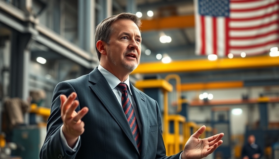 Business executive speaking about automotive suppliers tariffs in factory.