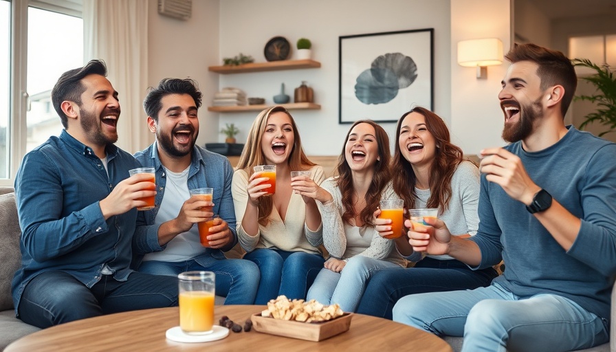 Friends celebrating March Madness with snacks and drinks.