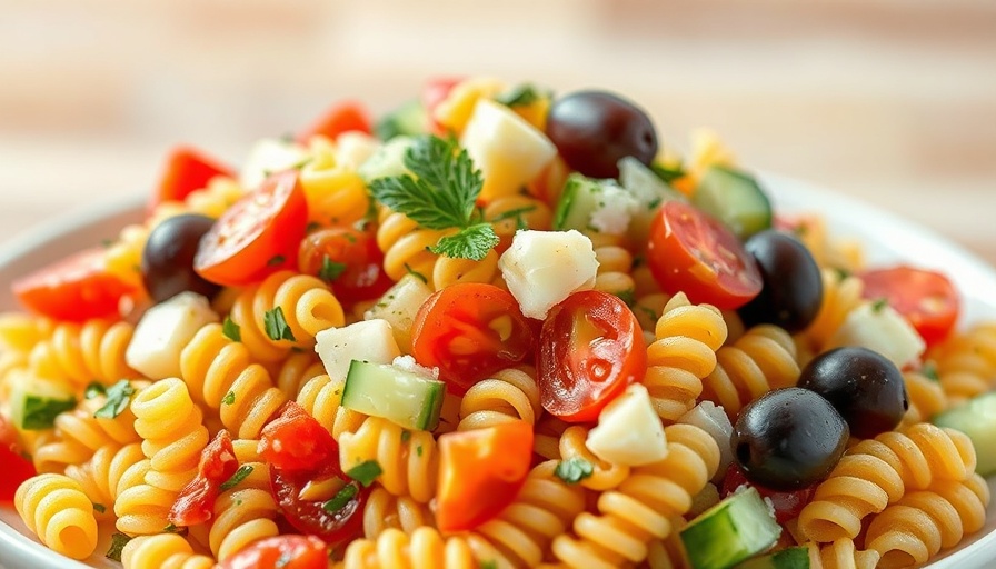 Colorful pasta salad with cheese and veggies for crunchy salads