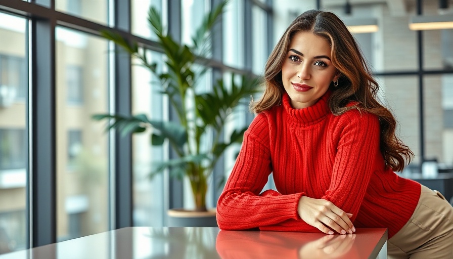 Confident woman in office, modern magazine cover style.