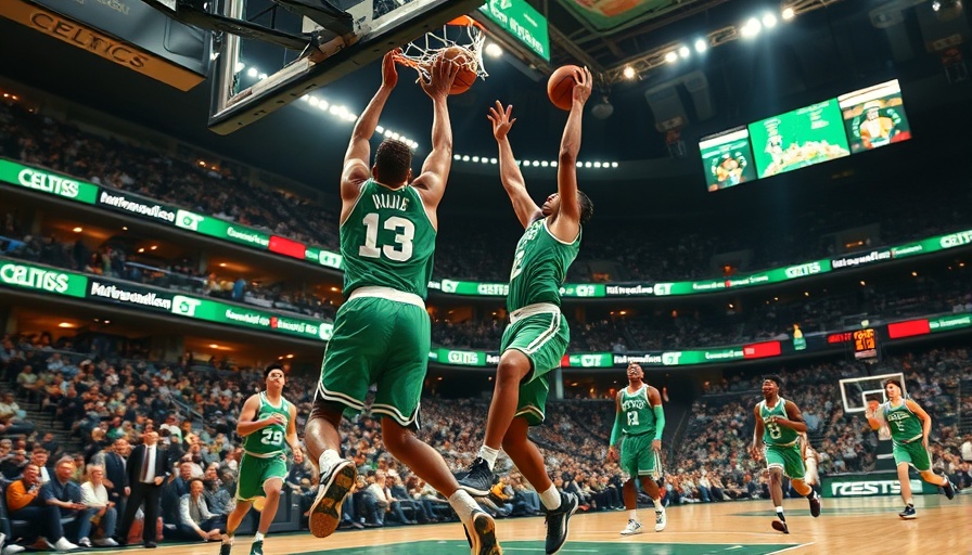 Boston Celtics player goes for a dunk at a packed stadium.