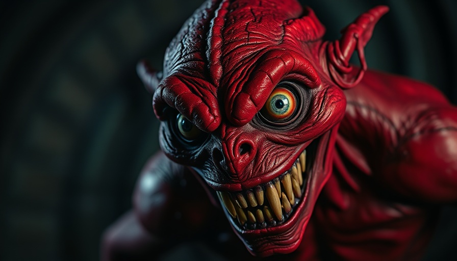 Horror game monster with red skin and wide eyes, eerie gaze.