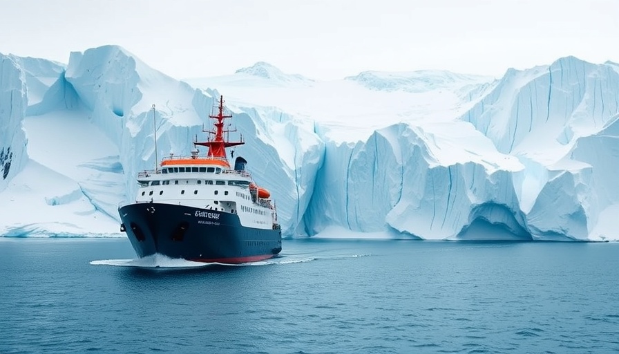 Icebreaker ship near doomsday glacier, serene Antarctic scene.