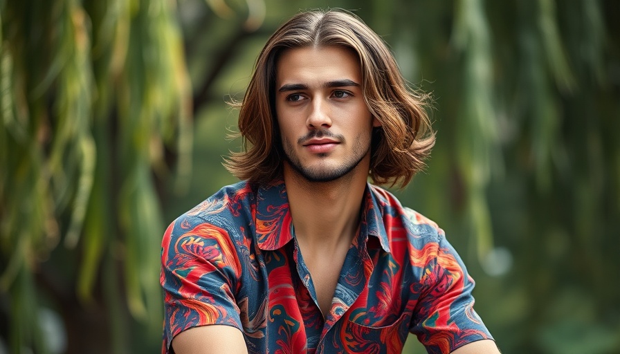 Young man with colorful shirt sitting calmly, vibrant background.
