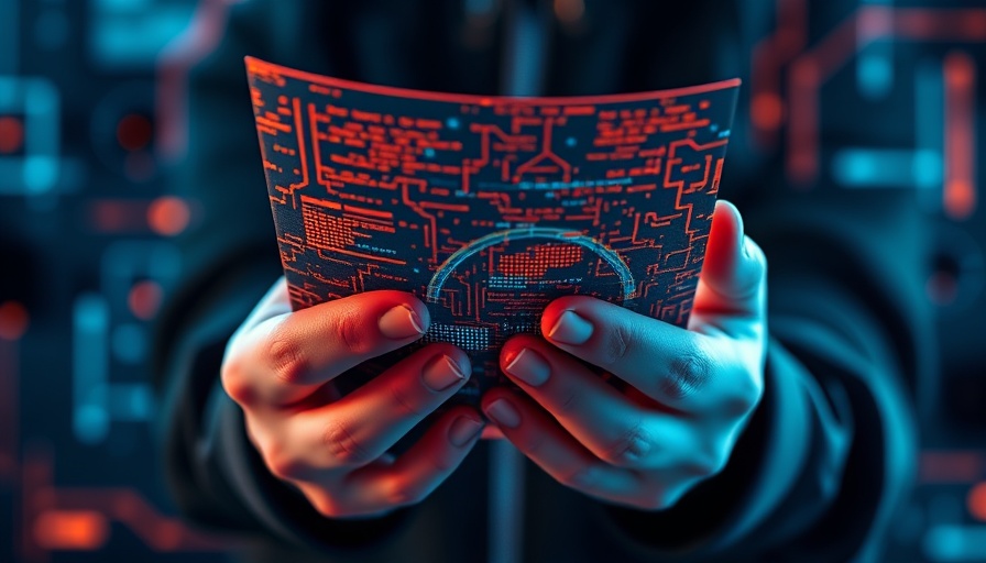 Futuristic digital art of hands holding a pixelated document.