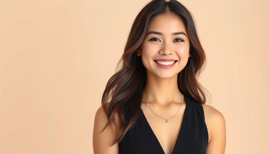 Confident young woman in black dress against light background.