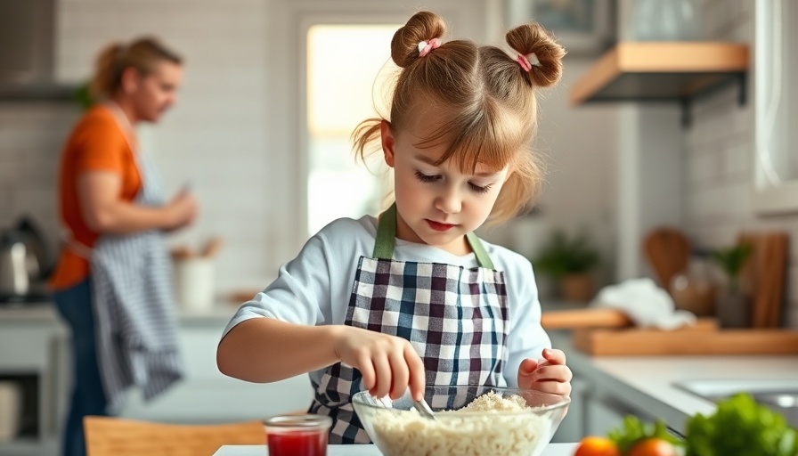 Young girl cooking in kitchen, learning independence with family.