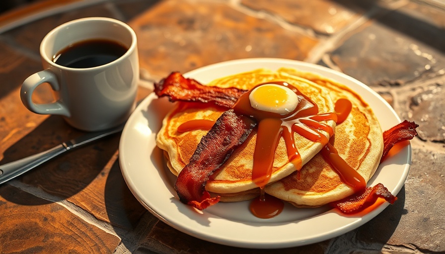 Bacon pancakes drizzled with syrup, next to coffee.