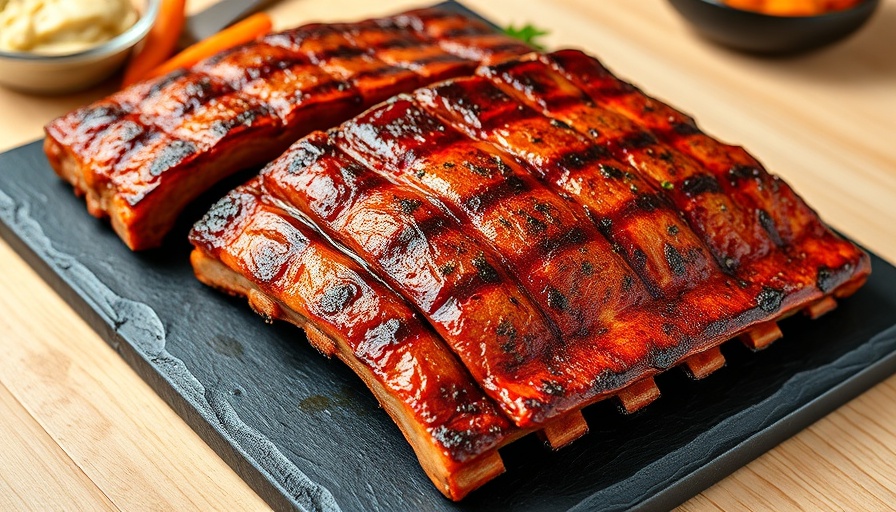 Grilled pork ribs on black platter, low-carb meals presentation.