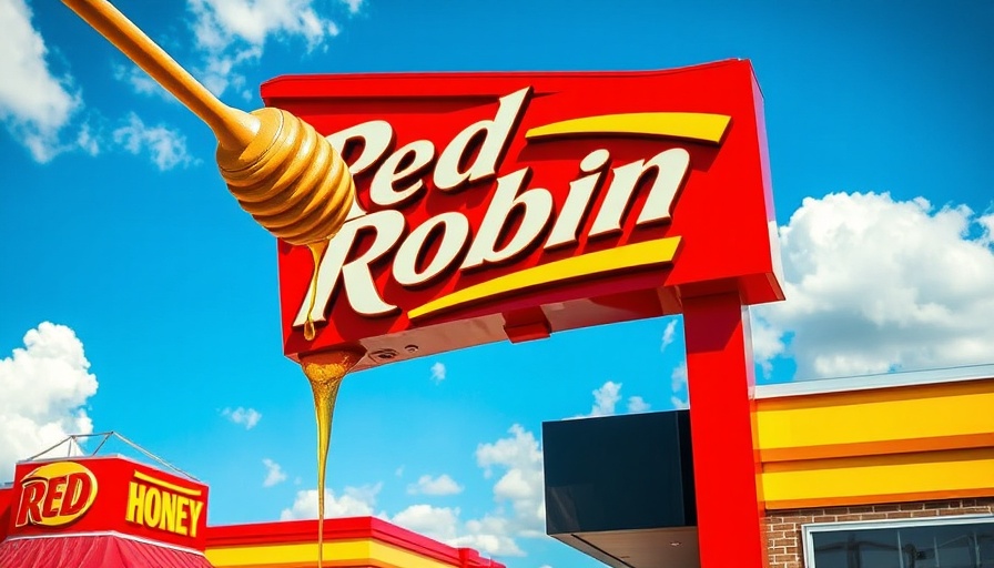 Red Robin Hot Honey Menu sign with honey dipper by sky