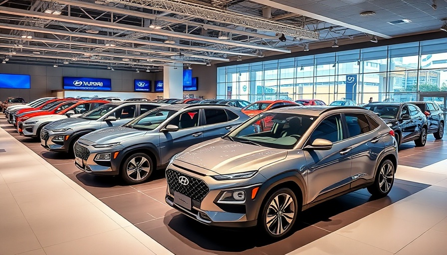 Hyundai U.S. investment showcase with new car models in showroom.