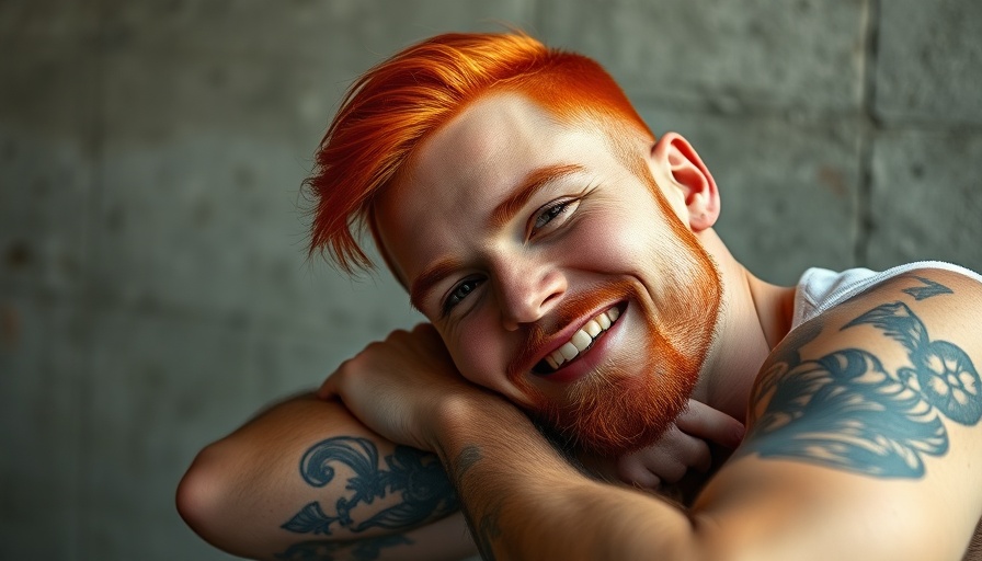 Photorealistic portrait of a man smiling with vivid red hair and tattoos.