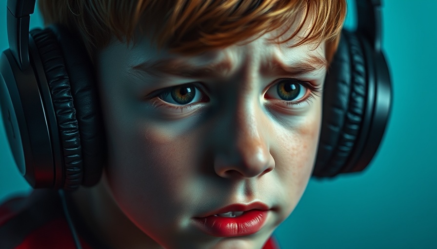 Young boy with headphones looking distressed; TikTok ADHD misinformation theme.