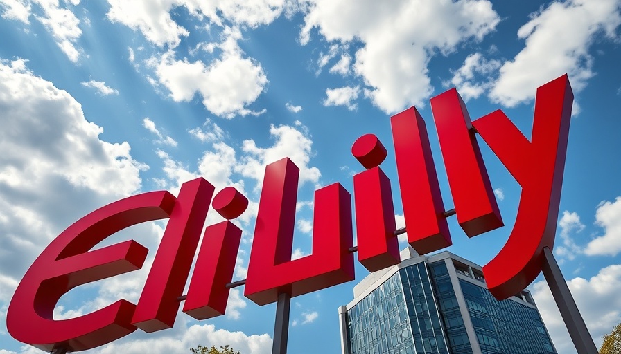 Eli Lilly logo sign against a cloudy sky.