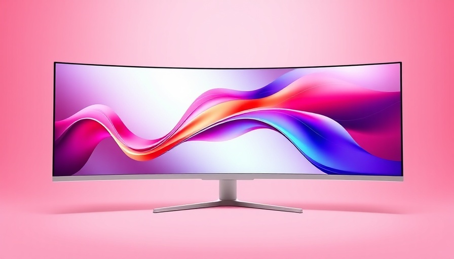 Samsung ultra-wide monitor with abstract screen design.