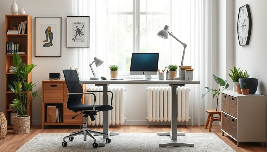 Modern standing desk for back pain relief in home office.