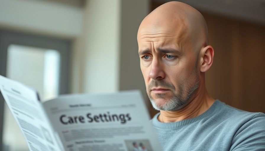 Concerned man reading news about gender identity in care settings.