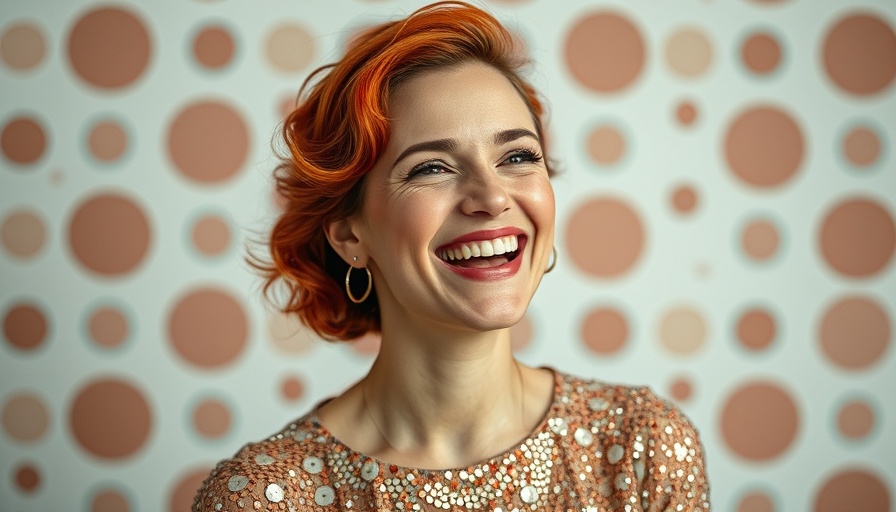 Smiling woman with red hair in sequined top, retro background.