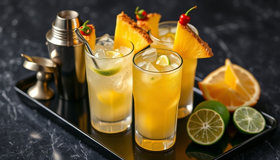 Refreshing citrus drinks with chili and pineapple on a black tray.