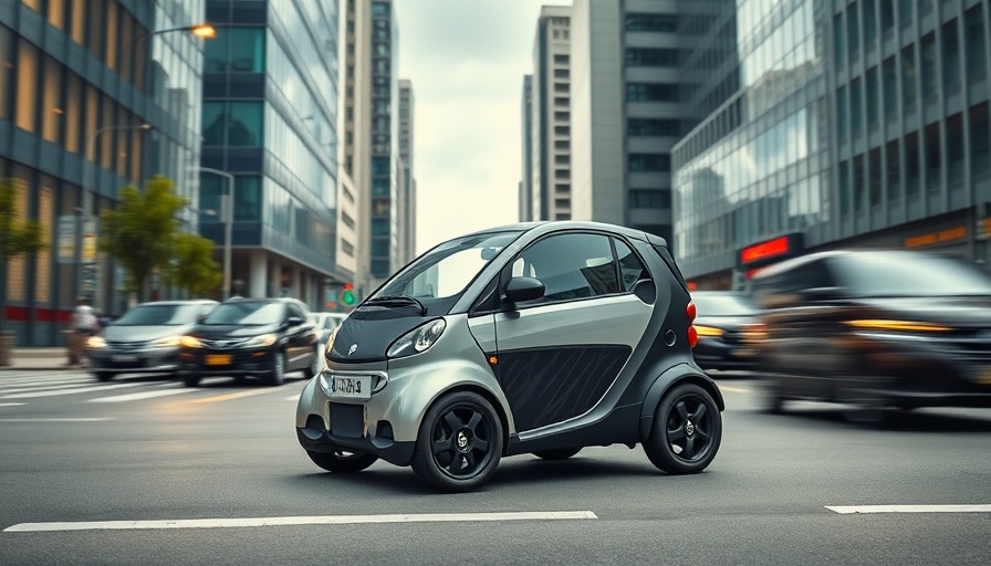 Stylish micro car parked in city, affordable micro vehicles.