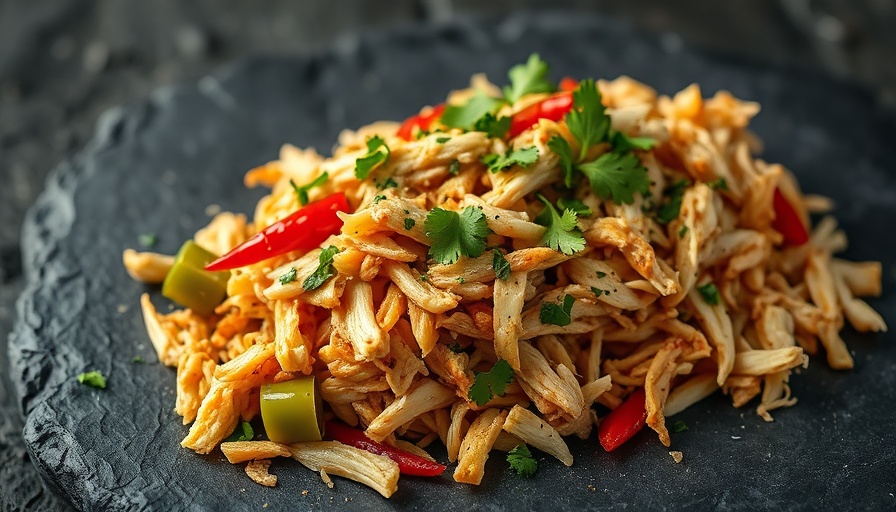 Low-carb comfort food: Shredded chicken with herbs and peppers on slate.
