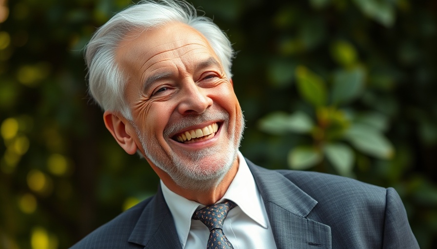 Cheerful elderly man smiling outdoors in lush green setting.