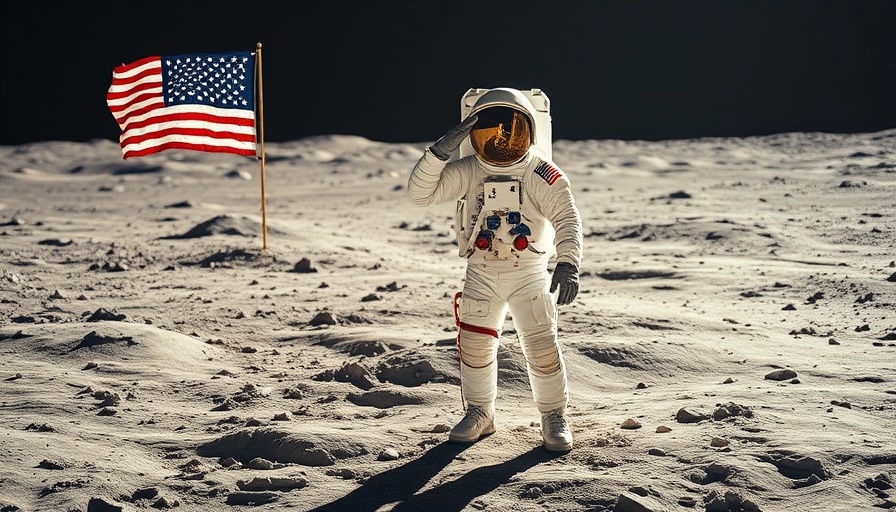 Apollo Program astronaut salutes next to flag on lunar surface.