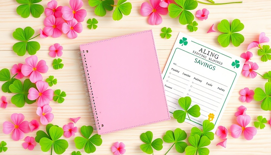 Bright setup with pink planner, saving sheets, and clovers