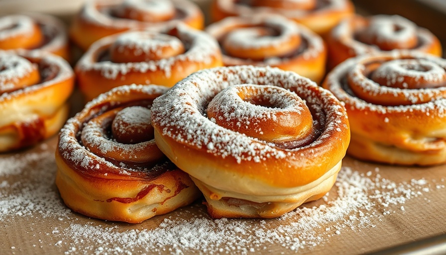 Freshly baked cinnamon rolls with powdered sugar, food fusions.