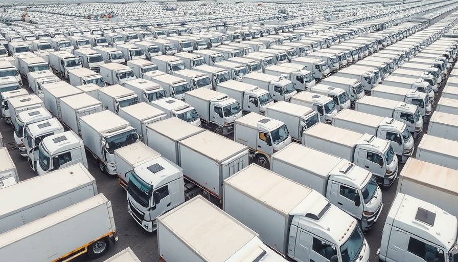 Vast lot of white trucks signaling auto tariff impacts.