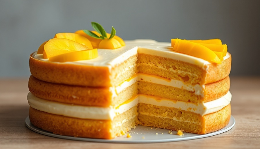Layered mango cake with fresh slices on top.