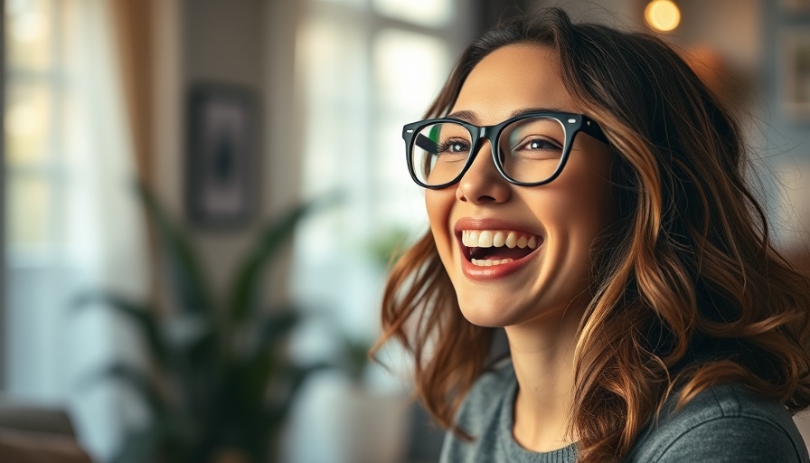 Joyful woman with glasses smiling indoors, conveying warmth.