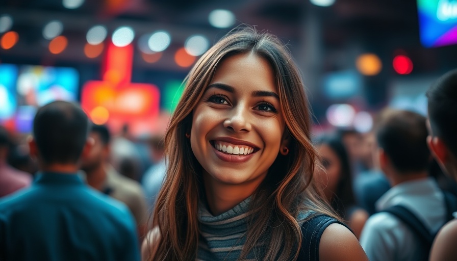 Smiling woman at vibrant event, Haliey Welch Documentary atmosphere.