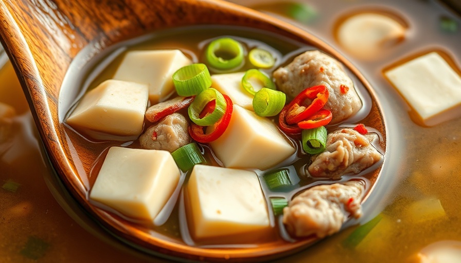 Low carb soup with tofu and green onions in a ladle.