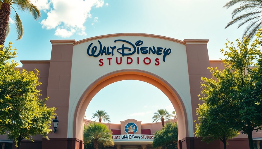 Entrance to Walt Disney Studios with Mickey logo under clear sky.
