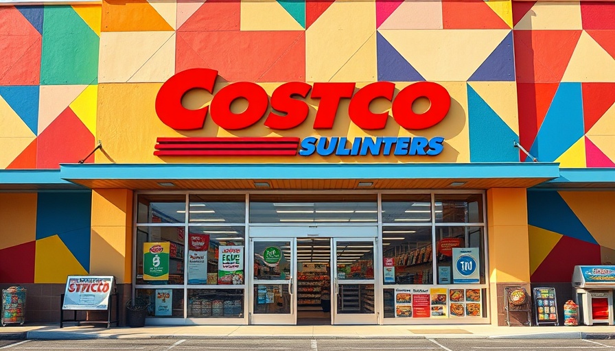 Retro-styled Costco storefront with geometric art background.