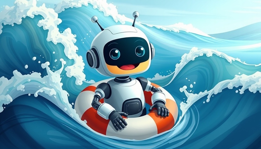 Cartoon robot in lifebuoy illustrating AI therapy for depression.