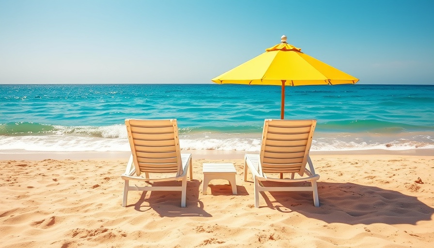 Breathtaking islands for spring travel: scenic beach with chairs and umbrella.