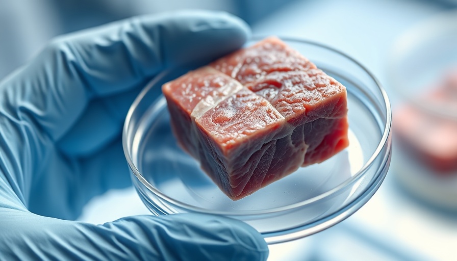 Lab-grown meat cube on petri dish held by gloved hand, representing the future.
