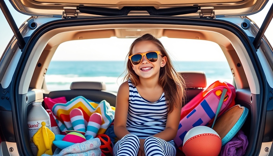 Joyful girl in car trunk with beach items on a family road trip.