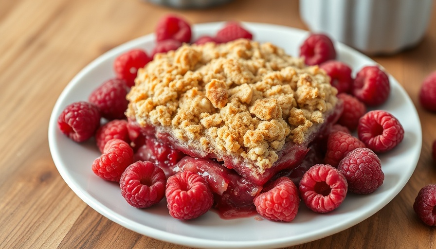 Low carb raspberry crumble dessert on a white plate.