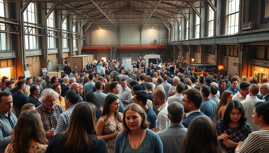 Lively crowd at TechCrunch All Stage Pass event in industrial venue.