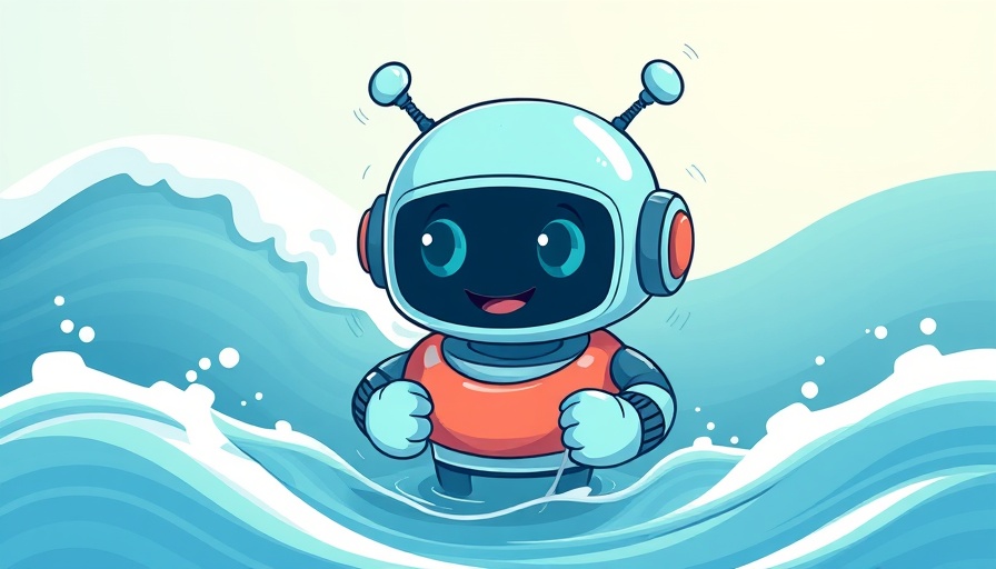 Cartoon robot with life preserver on waves, symbolizing generative AI therapy and 23andMe data