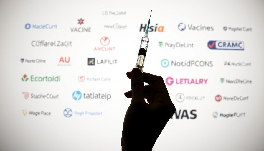 Silhouette hand with syringe amidst vaccine company logos.
