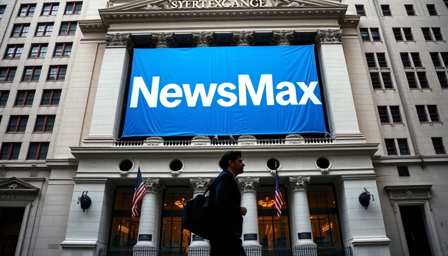 Newsmax banner at NYSE with passerby silhouette, highlighting stock spike.