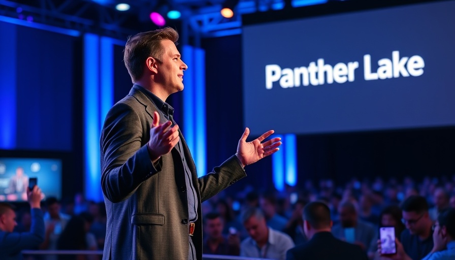 Presenter at Intel Panther Lake event, tech conference stage.